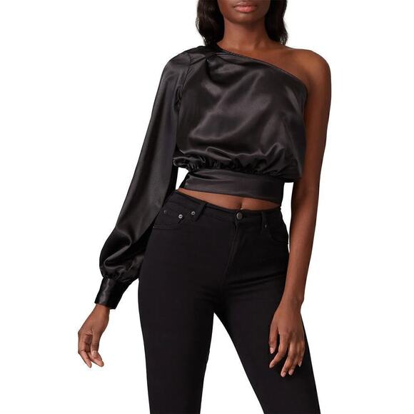 StyleStalker Luna Crop Top Satin One Shoulder Long Sleeve Tie Waist Black Medium - Picture 2 of 9